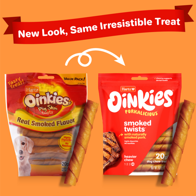 Hartz Oinkies Porkalicious smoked twists 20 pack. Now with new look packaging!