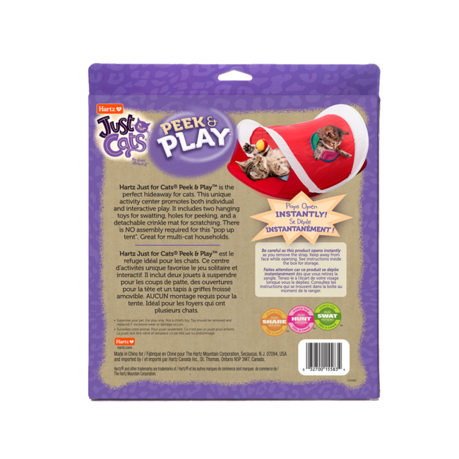 Back of package of Hartz peek and play interactive cat toy