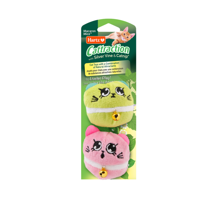 Hartz cattraction macron mice. Green and pink cat toy with silver vine and catnip.