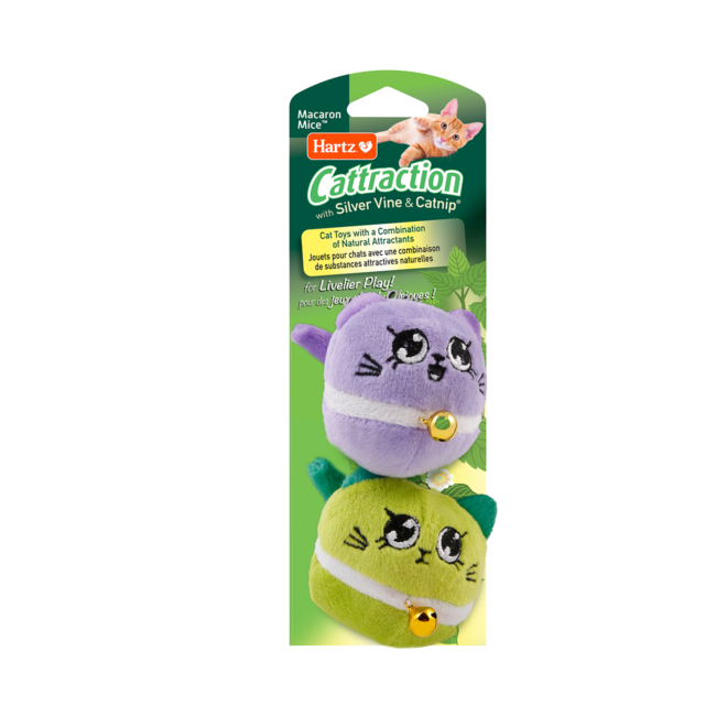 Hartz cattraction macron mice. Green and purple cat toy with silver vine and catnip.