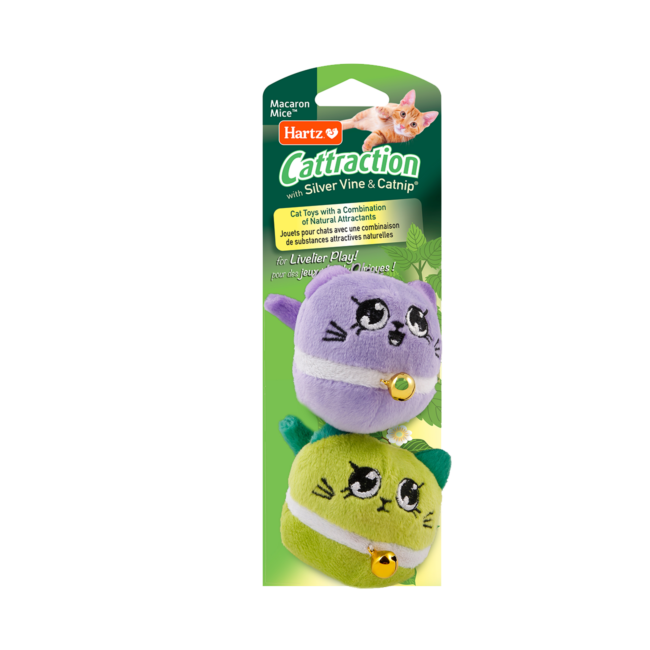 Hartz cattraction macron mice. Green and purple cat toy with silver vine and catnip.