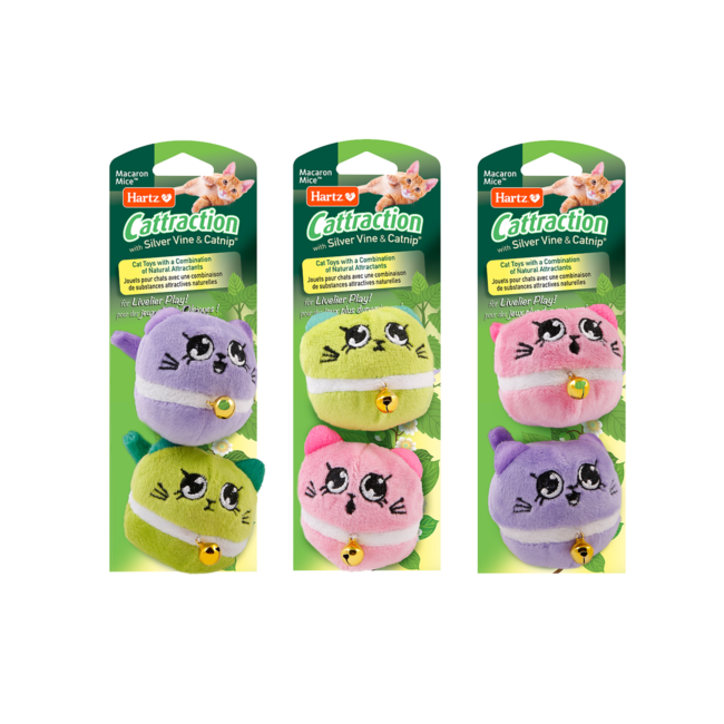 Hartz cattraction macron mice cat toys. Available in green, purple and pink.