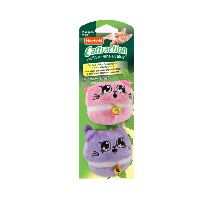 Pink and purple Hartz cattraction macron mice cat toy. These toys contain silver vine and catnip.