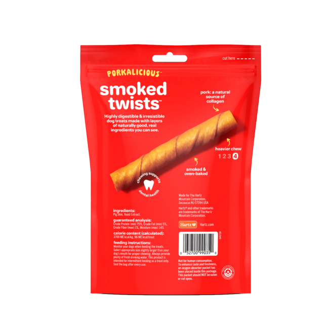 Hartz Oinkies Porkalicious dog treats. Back of package. Hartz SKU# 3270099035