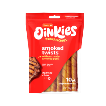 Hartz Oinkies Porkalicious smoked twists pork dog treat.