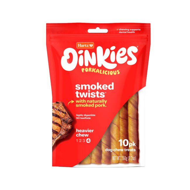 Hartz Oinkies Porkalicious smoked twists pork dog treat.