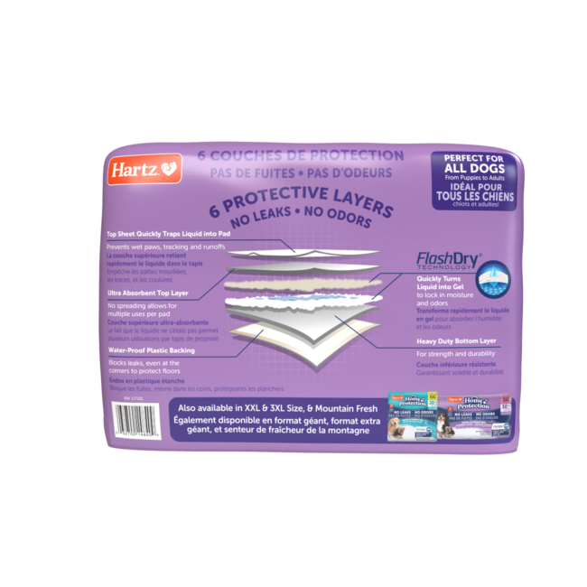 Hartz® Home Protection™ Odor Eliminating Dog Pads 14 Count - Lavender Scent. 100 Count. Back panel. Hartz SKU# 3270014840