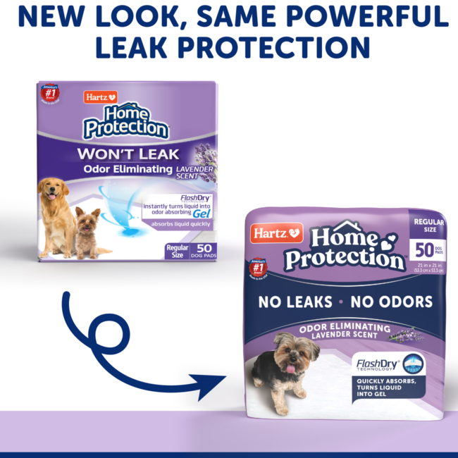 Hartz Home Protection lavender scented dog pads. New look, same powerful protection.