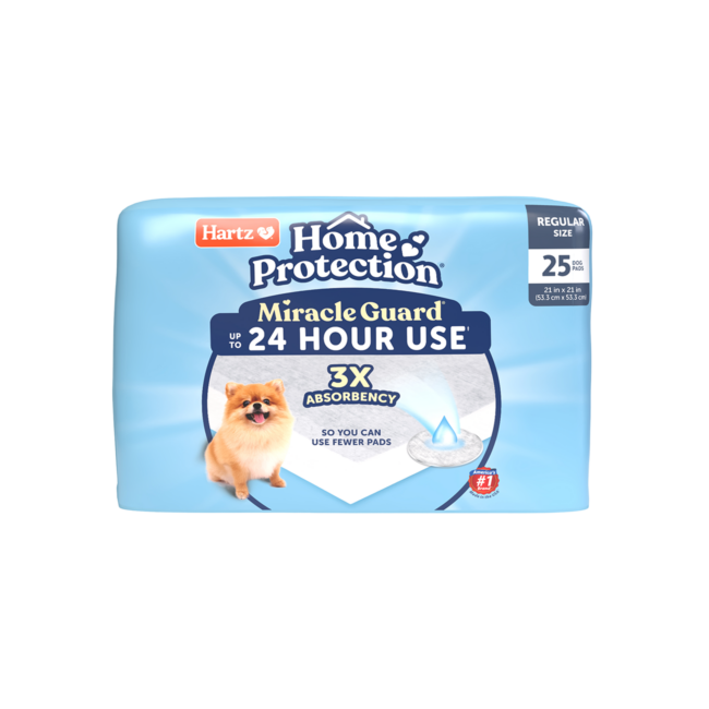 Hartz Home Protection Miracle Guard extra absorbent regular size dog pads, 25 count. Front. Hartz SKU# 3270013095.