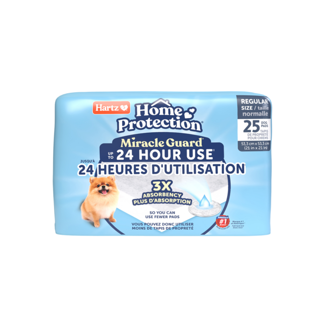Hartz Home Protection Miracle Guard extra absorbent regular size dog pads, 25 count. Front. Hartz SKU# 3270013095.