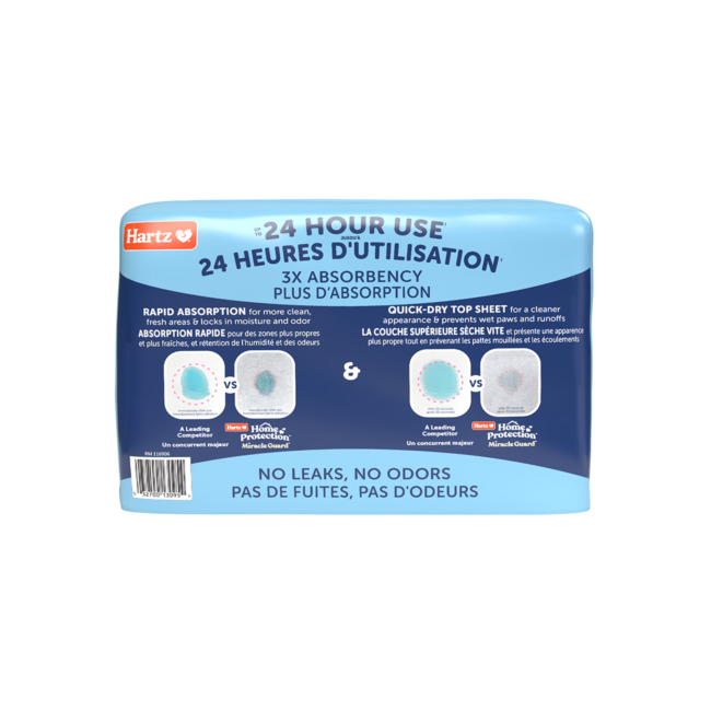 Hartz Home Protection Miracle Guard extra absorbent regular size dog pads, 25 count. back. Hartz SKU# 3270013095.