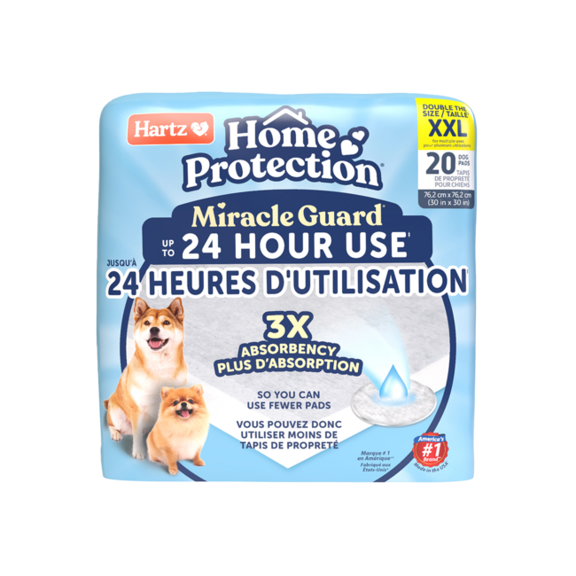 Hartz Home Protection Miracle Guard extra absorbent regular size dog pads, 20 count. Front. Hartz SKU# 3270013097.