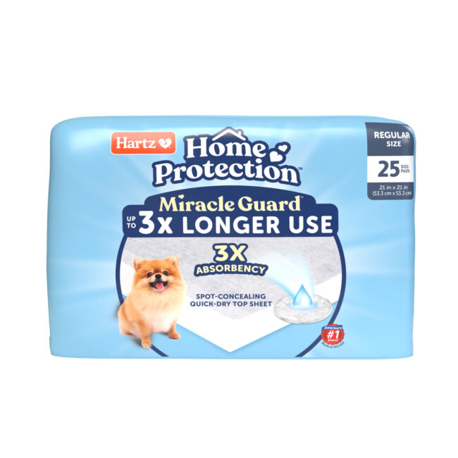 Hartz Home Protection Miracle Guard extra absorbent regular size dog pads, 25 count. Front. Hartz SKU# 3270013095.