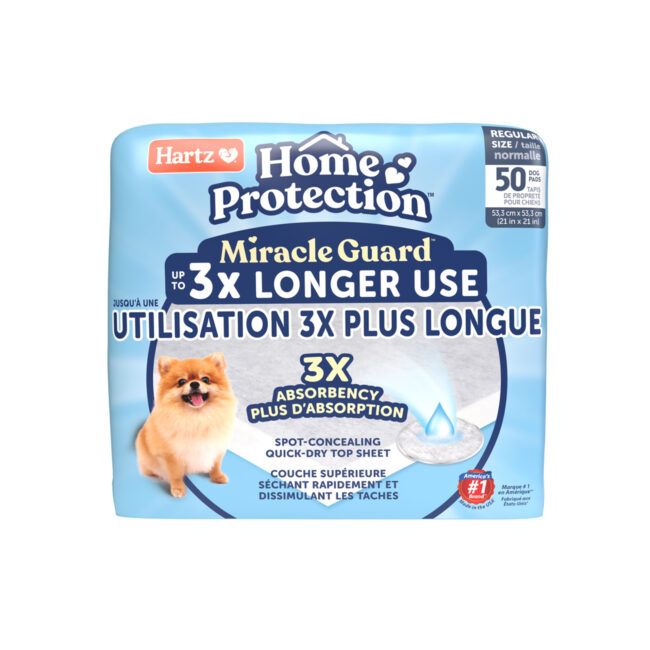Hartz Home Protection Miracle Guard extra absorbent regular size dog pads, 50 count. front. Hartz SKU# 3270013096.