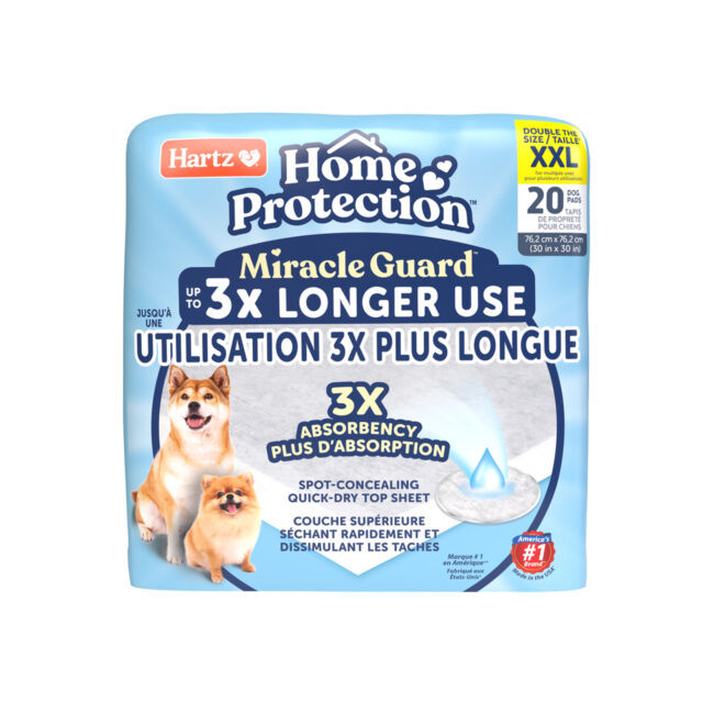 Hartz Home Protection Miracle Guard extra absorbent regular size dog pads, 20 count. Front. Hartz SKU# 3270013097.
