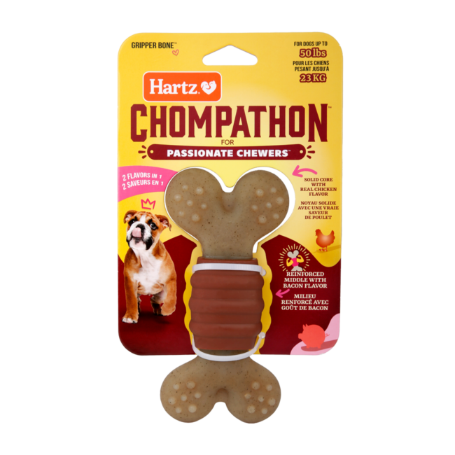 Hartz chompathon dog chew toy. Front of package. Hartz SKU#3270013022