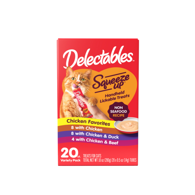 Delectables Squeeze Up wet cat treat. Hartz SKU# 3270013036. Front of package.
