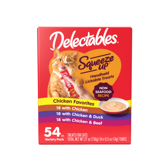 Delectables Squeeze Up wet cat treat. Hartz SKU# 3270013037. Front of package.