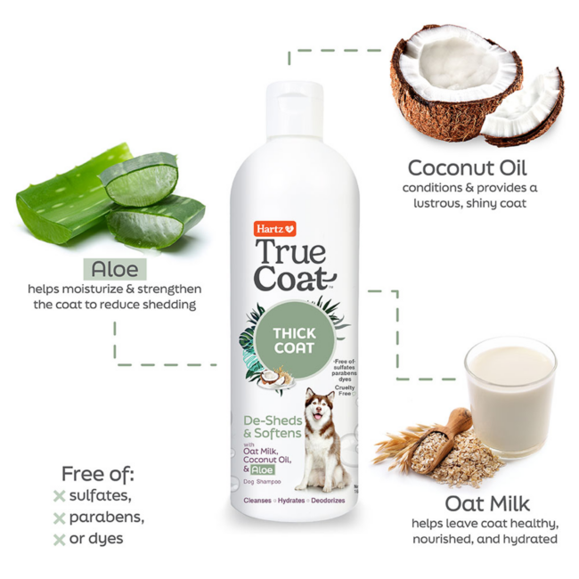 Hartz True Coat Thick Coat dog deshedding shampoo with coconut oil, oat milk and aloe.