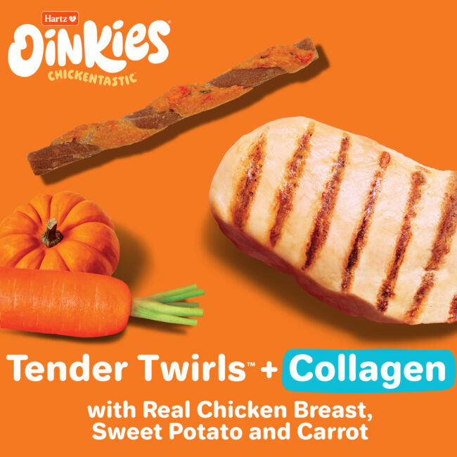 Oinkies Tender Twirls with collagen and real chicken breast jerky.