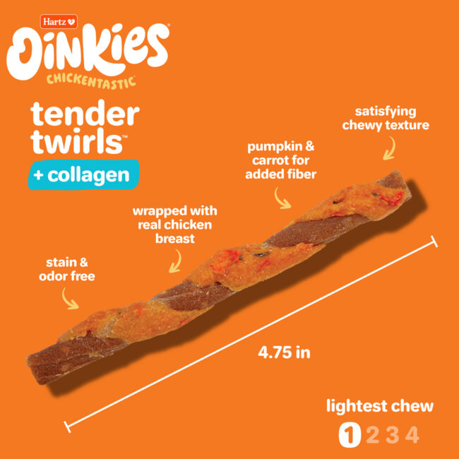 Oinkies Tender Twirls with real chicken breast and sweet potato.