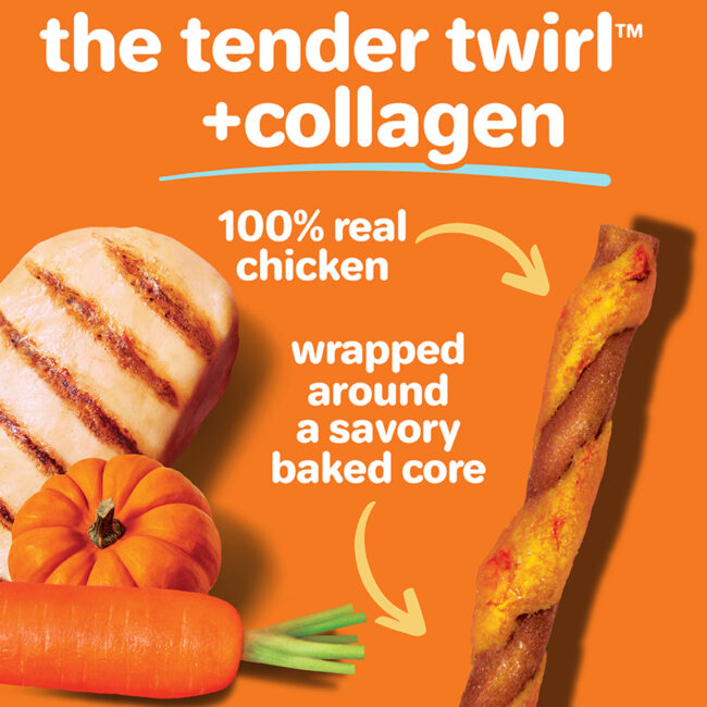 Oinkies Tender Twirls with collagen and real chicken breast jerky.