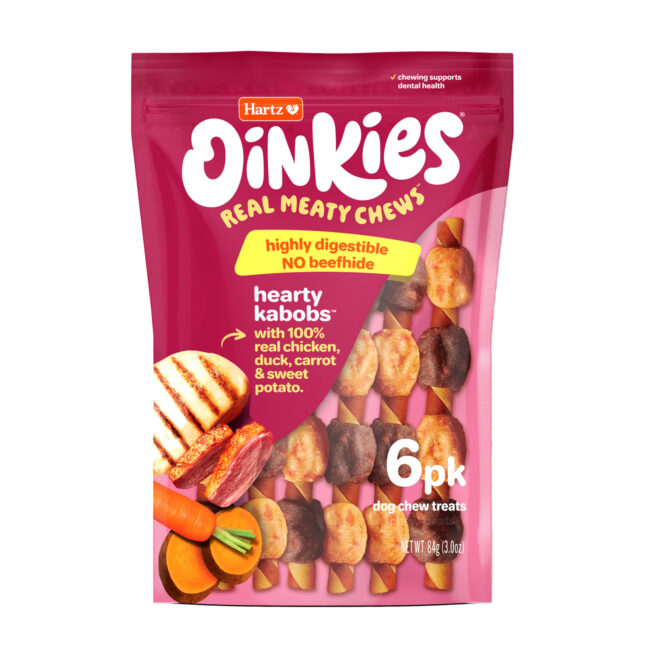 Oinkies Real Meaty Chews Hearty Kabobs dog treat with chicken, duck, carrot & sweet potato. Hartz SKU# 3270013137