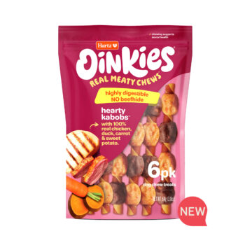 NEW! Oinkies Real Meaty Chews Hearty Kabobs dog treat with chicken, duck, carrot & sweet potato. Hartz SKU# 3270013137