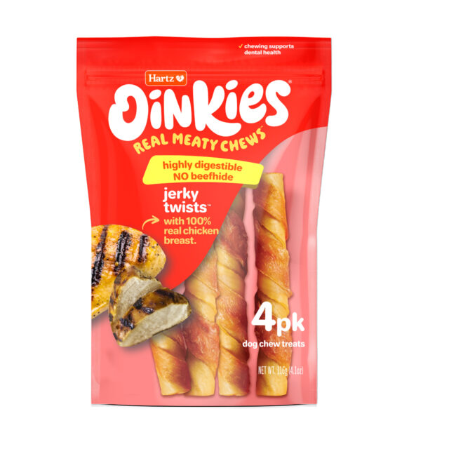 Hartz Oinkies jerky twists. Hartz SKU# 3270013138. Front of package.