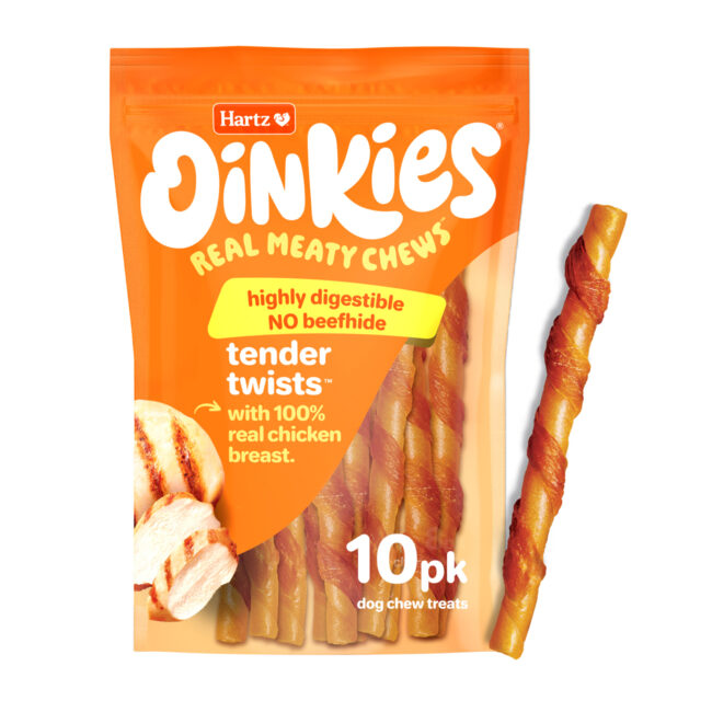 Hartz Oinkies Tender Twists, 10 count with product. Dog chews.