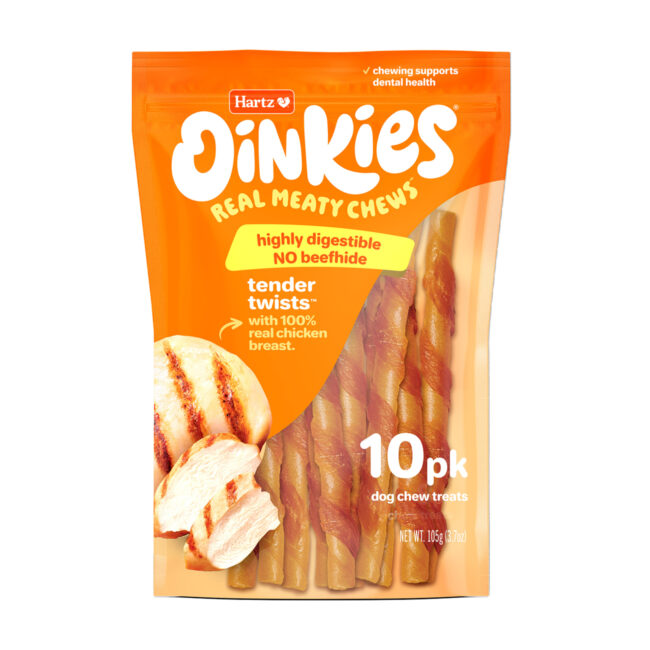 Hartz Oinkies Tender Twists. Dog treats with real chicken, 10 count. Front of package. Hartz SKU# 3270013139