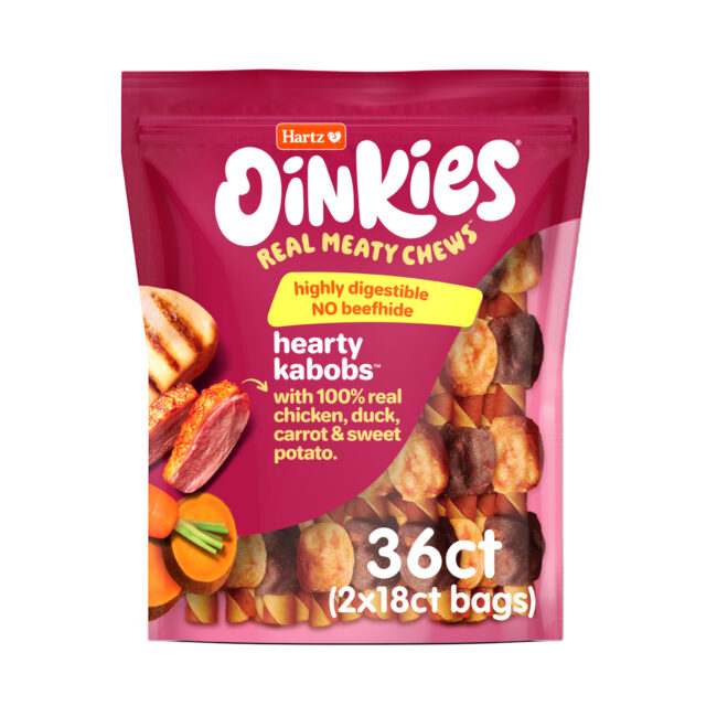Oinkies Real Meaty Chews Hearty Kabobs dog treat with chicken, duck, carrot & sweet potato. Hartz SKU# 3270013214