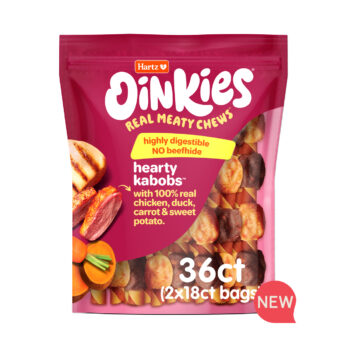 NEW! Oinkies Real Meaty Chews Hearty Kabobs dog treat with chicken, duck, carrot & sweet potato. Hartz SKU# 3270013214