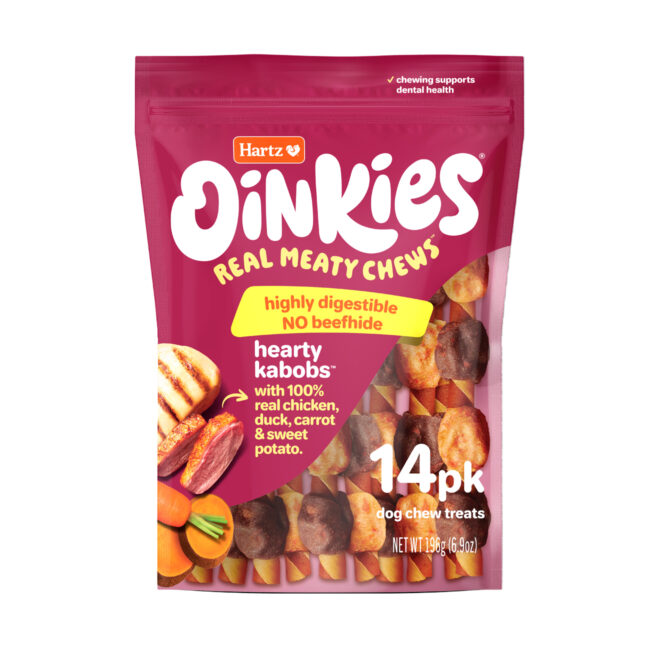Oinkies Real Meaty Chews Hearty Kabobs dog treat with chicken, duck, carrot & sweet potato. Hartz SKU# 3270013277
