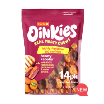 NEW! Oinkies Real Meaty Chews Hearty Kabobs dog treat with chicken, duck, carrot & sweet potato. Hartz SKU# 3270013227