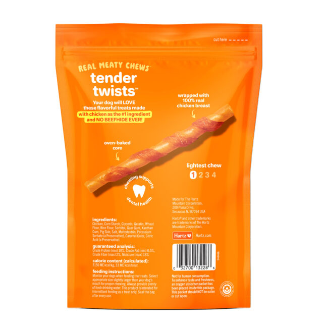 Back of package of 20 pack oinkies tender twists, wrapped with real chicken.