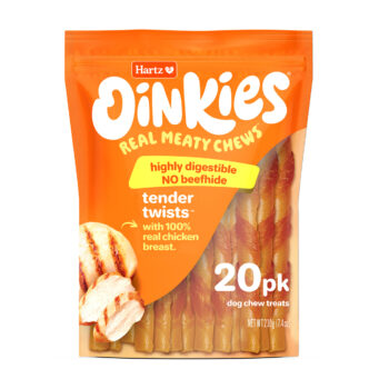Hartz Oinkies Tender Twists. Dog treats with real chicken, 20 count. Front of package. Hartz SKU# 3270013228