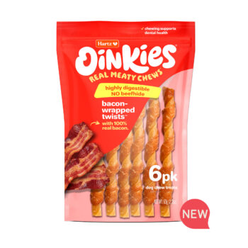 NEW! Hartz Oinkies bacon-wrapped twist meaty dog chew.