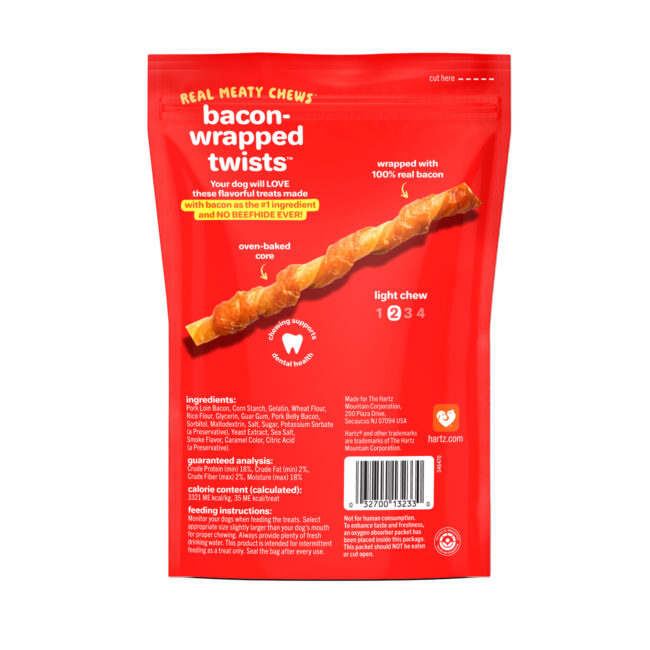 Hartz Oinkies bacon twist dog chew. Back of package.