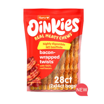 NEW! Hartz Oinkies Real Meaty Chews Bacon-Wrapped Twists. 28-pack.