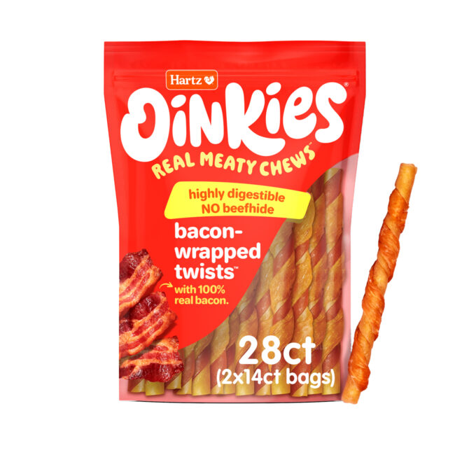 Hartz Oinkies Real Meaty Chews Bacon-Wrapped Twists. Back of package. Dog chew product.