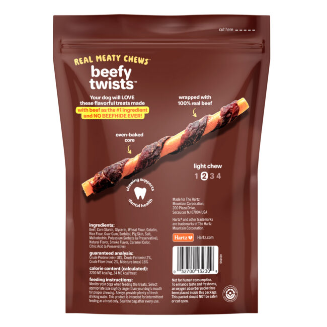 Hartz Oinkies beefy twist dog treat. Back of package.