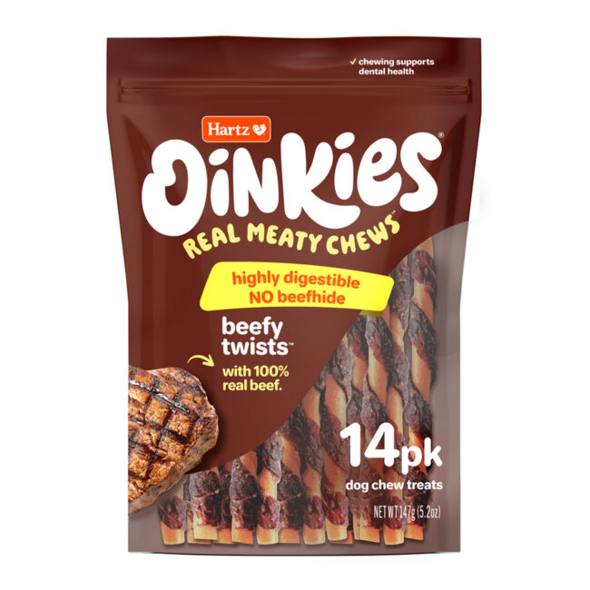 Hartz oinkies beefy dog treat. Front of package.