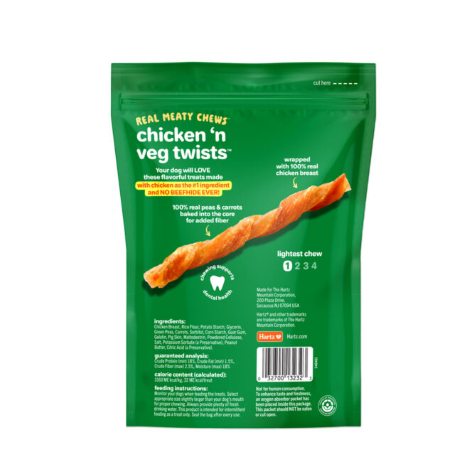 Chicken n veg twists dog treat. Back of package.