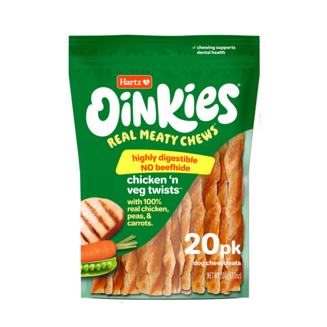 Hartz oinkies chicken n veg twists. Front of package.