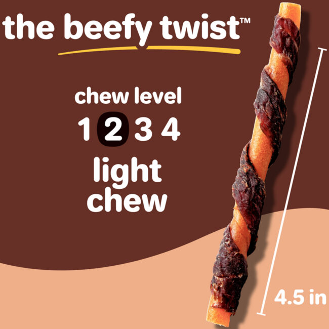 Oinkies beefy twists dog treat. Light chew.