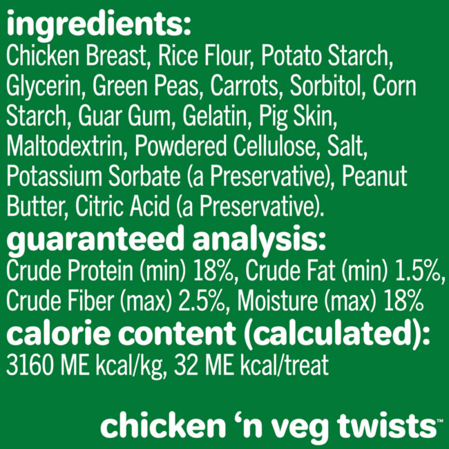Hartz oinkies chicken n veg twists ingredients statement.