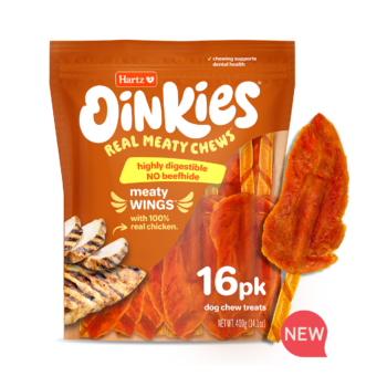 Hartz Oinkies Meaty Wings, with 100% real chicken. Wing-shaped chew made without beef rawhide. Hartz SKU 3270013307 New