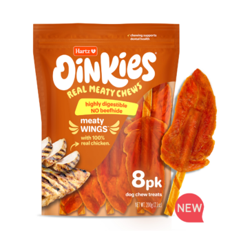 Hartz Oinkies Meaty Wings, with 100% real chicken. Wing-shaped chew made without beef rawhide. Hartz SKU 3270013306 New